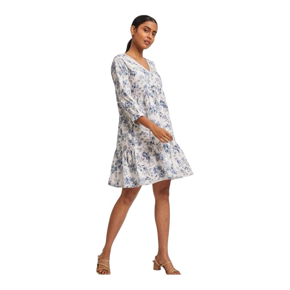 Reistor Deep V Short Dress Azure Waves Floral Size Large Organic Cotton New
